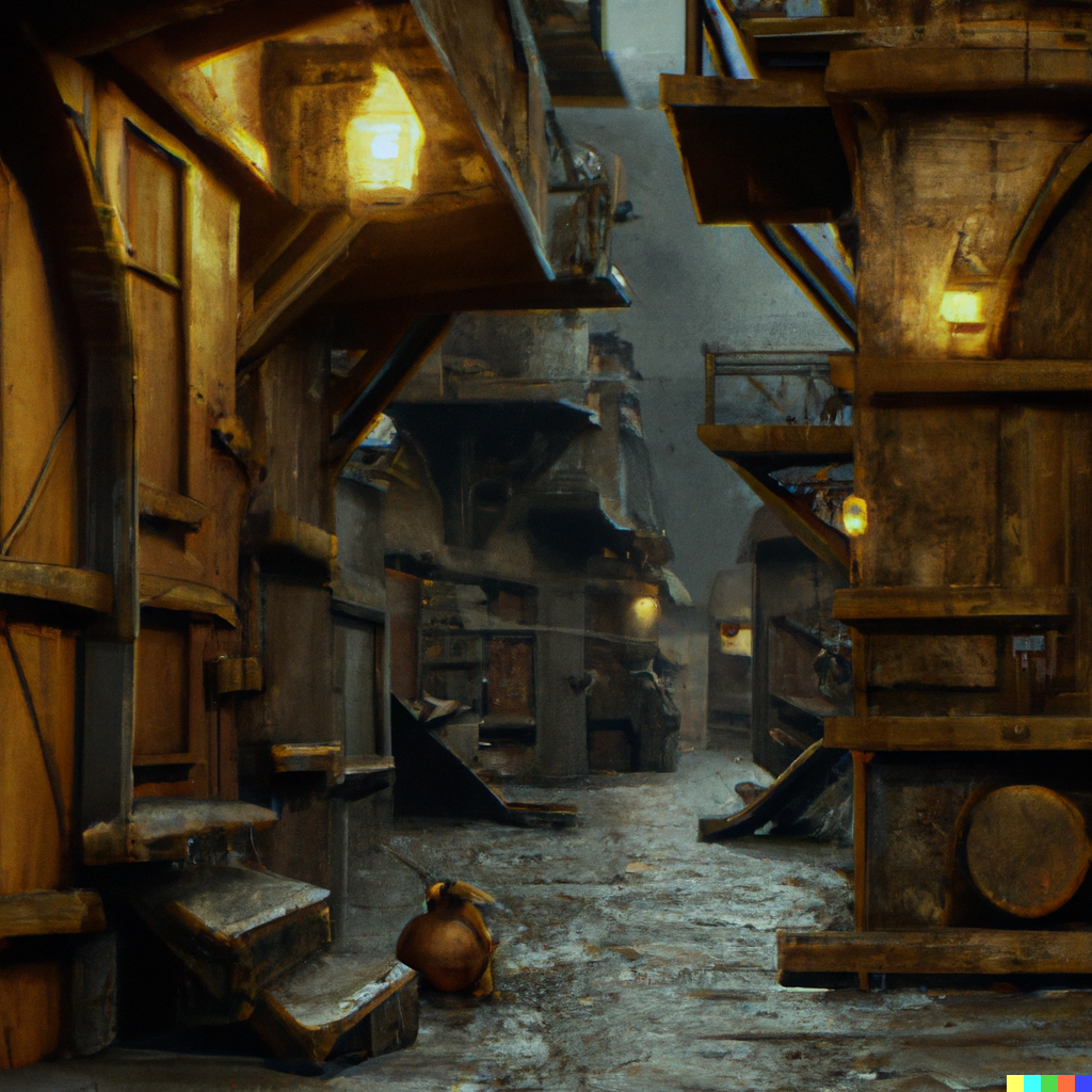 The streets and shops of minetown, built into the caves of the Gnomish Mines