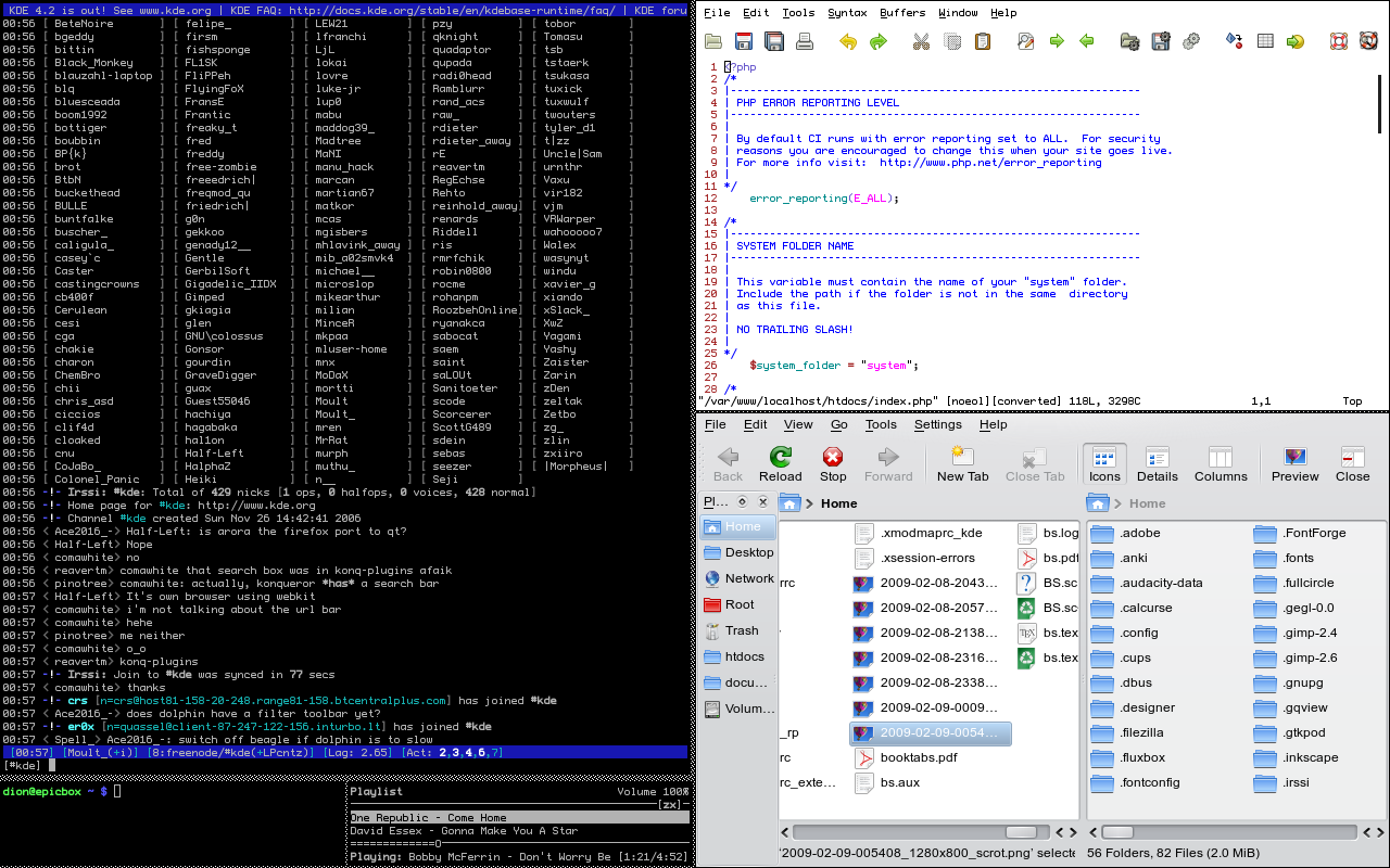 A screenshot of ratpoison in use in 2009 showing KDE graphical apps and command line apps