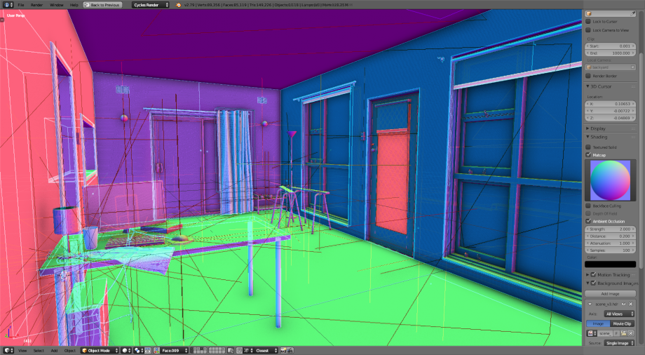 A wireframe OpenGL render of the scene