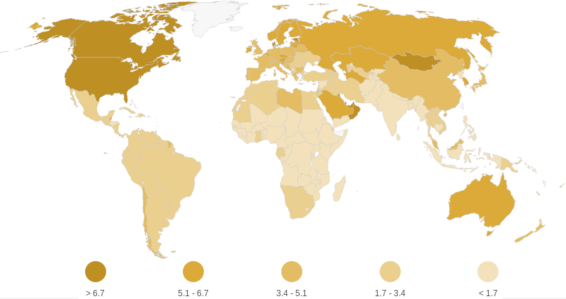 The world map of ecological footprint per capita in gha (2016), graphic from footprintnetwork.org