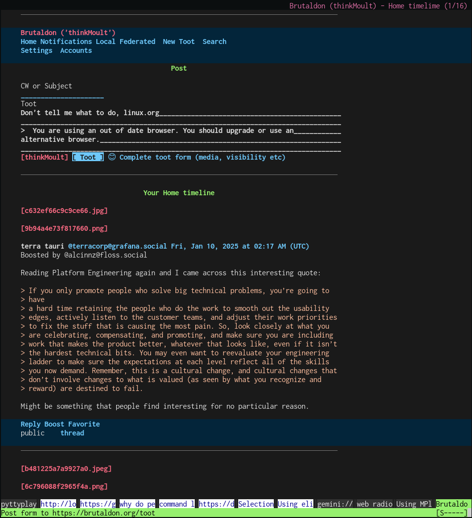 Elinks showing Mastodon via Brutaldown with a custom document width