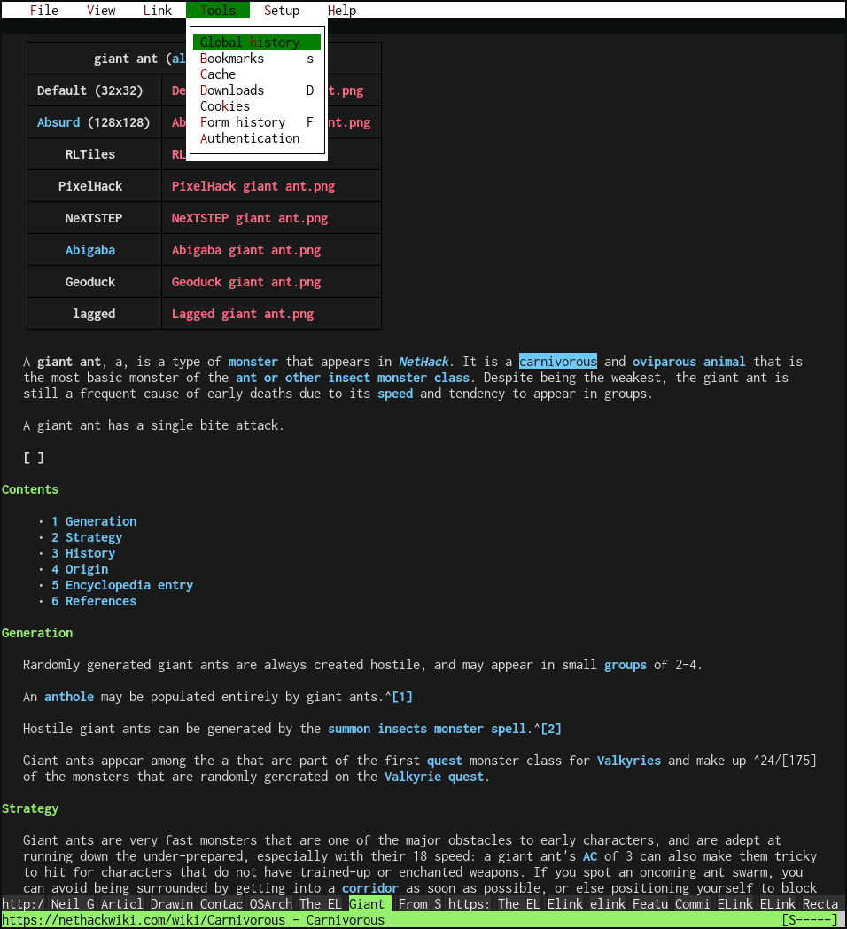 Elinks with tables, menus, and images