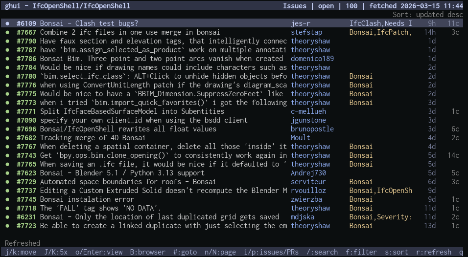 A screenshot of ghui issue list