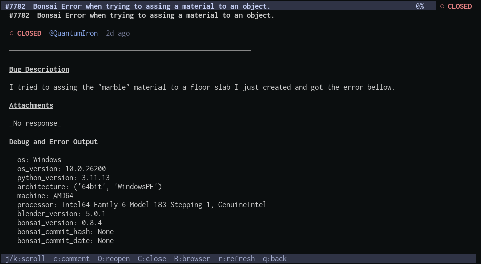 A screenshot of ghui viewing an issue with comments