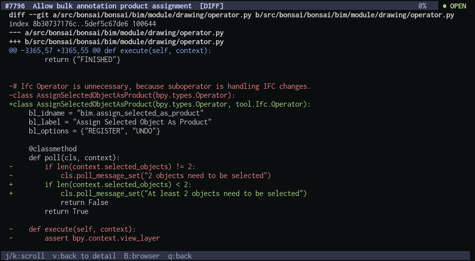 A screenshot of ghui PR showing a diff with syntax highlighting