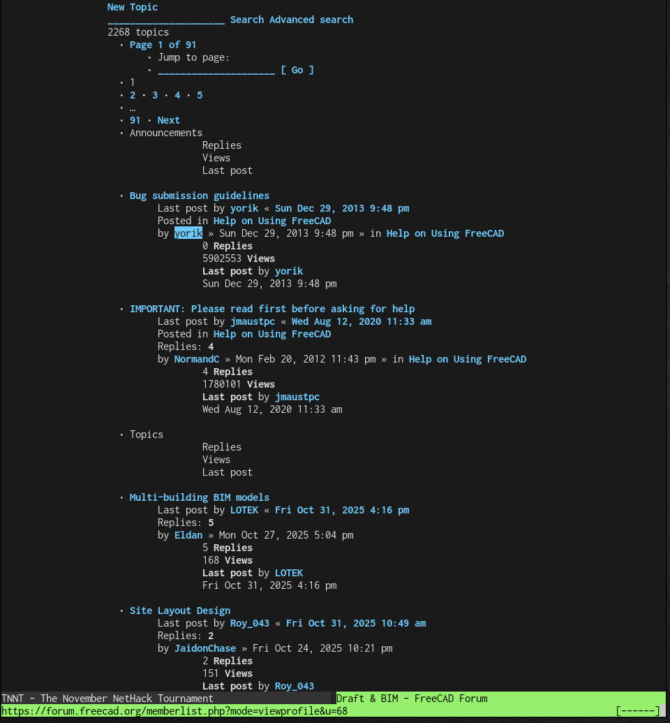 PHPBB as used in the FreeCAD forums showing list layouts