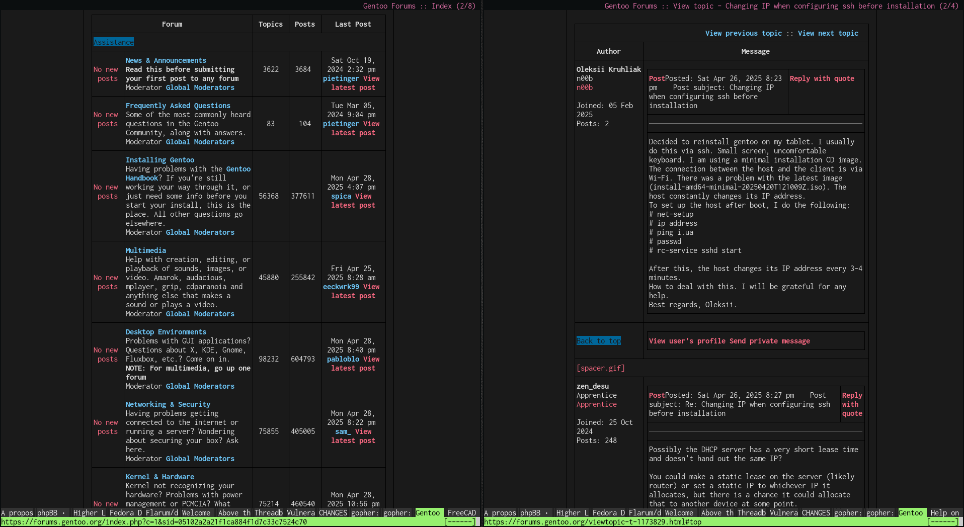 PHPBB as used in the Gentoo Forums showing tabular layouts