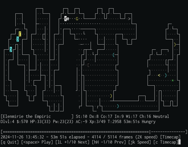 pyttyplay playing a ttyrec of a NetHack game by elenmirie