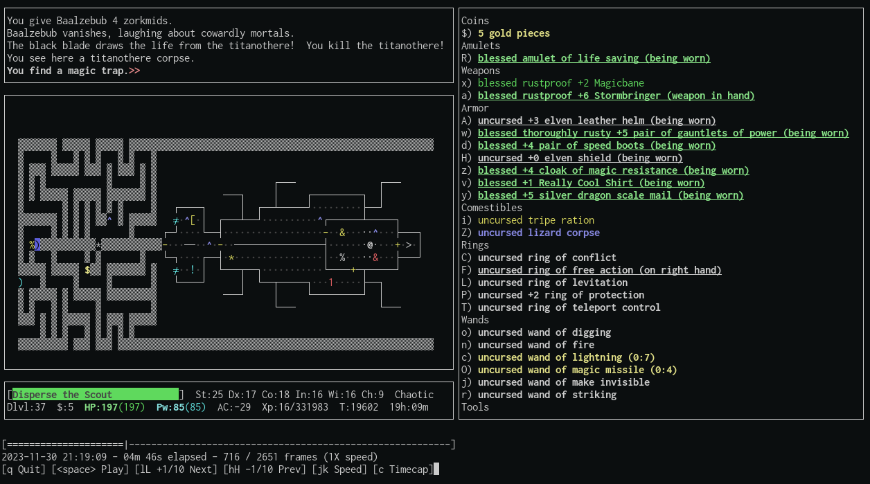 pyttyplay playing a ttyrec of a NetHack game by disperse showing DEC graphics