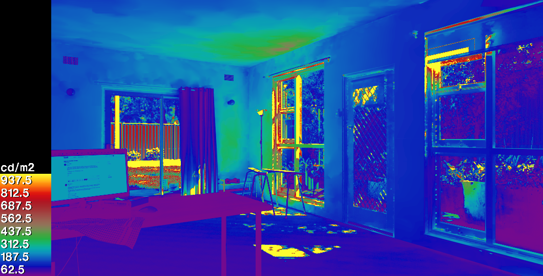 A falsecolour luminance render of the living room