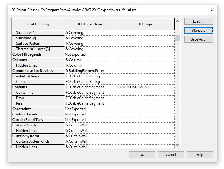 Autodesk Revit IFC object mapping configuration dialog