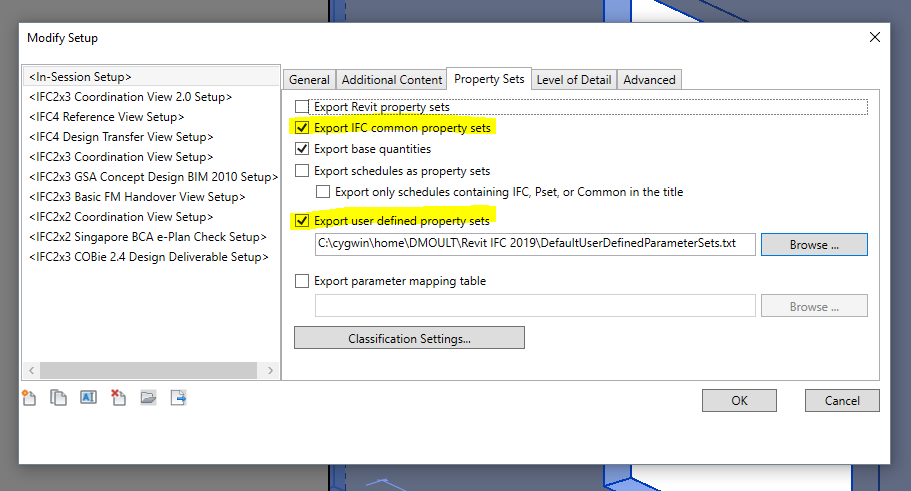 Revit IFC property set export settings