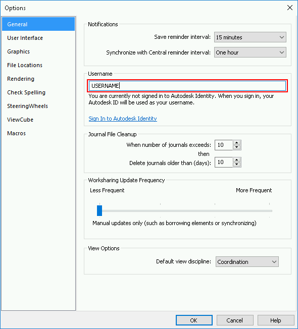 Revit username option