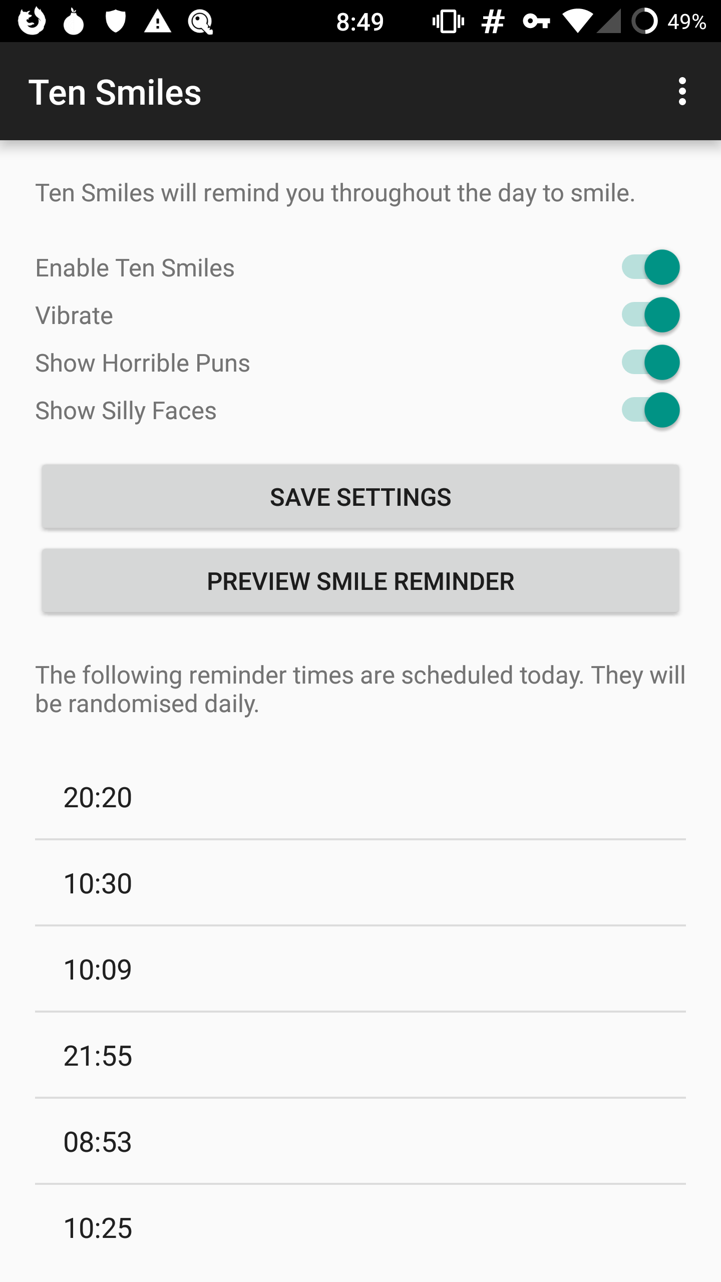 A small number of settings visible in the Ten Smiles app